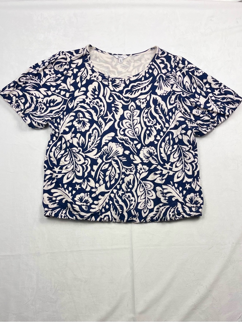 Reitmans Navy & White Floral Leaf Print Stretch Knit Top Size XL